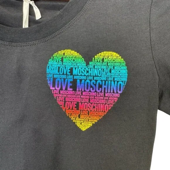 NEW Love Moschino Rainbow Foil Heart Logo Tee Black Size 2 - Picture 4 of 10